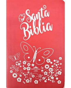 Biblia RVR1960 Tamaño Manual, Letra Grande Con Indice, Canto Rosa, Color Fuscia Diseño de Mariposas