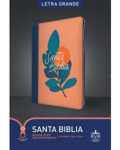 Biblia RVR60 Gigante, Sentipiel Color Coral / Azul, Referencias, Letra Grande con Cierre e Índice
