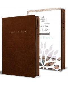 Biblia RVR1960 Tamaño Manual, Letra Grande, SemiPiel, Color Cafe y Cierre Con Imagenes de Tierra Santa