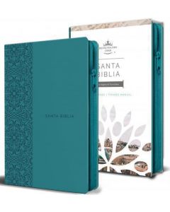 Biblia RVR1960 Tamaño Manual, Letra Grande, SemiPiel, Color Aqua y Cierre Con Imagenes de Tierra Santa