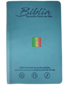 Biblia RVC (Reina Valera Contemporanea) Encuentro Diario Con Dios, 365 Devocionales, Tamaño Manual, Imitacion Piel, Color Aqua, Canto Plata