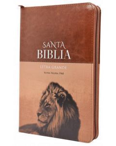 Biblia RVR1960 Tamaño Manual, Imitacion Piel, Color Cafe, Con Cierre e Indice, Diseño Leon