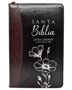 Biblia RVR1960 Tamaño Manual, Imitacion Piel, Color Negro Cafe, Con Cierre e Indice, Diseño Flor