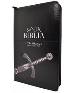 Biblia RVR1960 Tamaño Manual, Imitacion Piel, Color Negro, Con Cierre e Indice, Diseño Espada