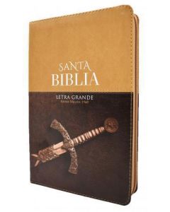 Biblia RVR1960 Tamaño Manual, Imitacion Piel, Color Cafe, Con Cierre e Indice, Diseño Espada