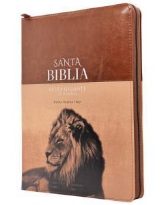 Biblia RVR1960 Tamaño Gigante, Imitacion Piel, Color Cafe, Con Cierre e Indice, Diseño Leon