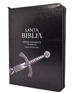 Biblia RVR1960 Tamaño Gigante, Imitacion Piel, Color Negro, Con Cierre e Indice, Diseño Espada