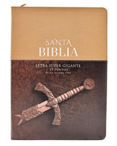 Biblia RVR1960 Tamaño Supergigante, Imitacion Piel, Color Cafe, Con Cierre e Indice, Diseño Espada
