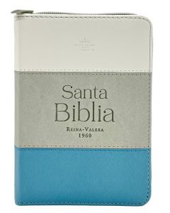 Biblia RVR1960 Imitacion Piel, Tamaño Bolsillo con Cierre e Indice, Blanco Gris Aqua